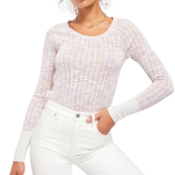 Free People We the Free Pink Combo Spaced Out Long Sleeve Cozy Knit Top Sz L - Picture 11 of 16